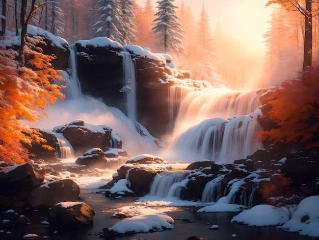 Frozen waterfall in winter forest at sunset beautiful winter landscape AI Generated