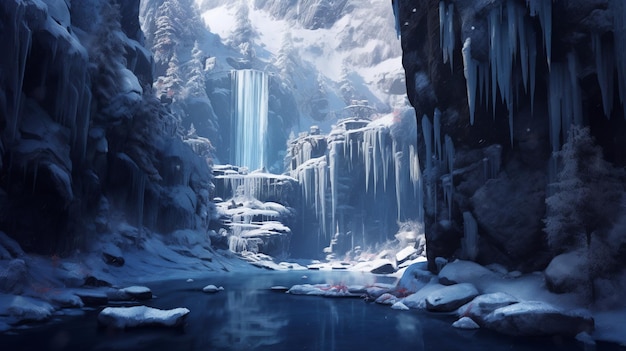 Frozen waterfalls digital snowy background with snowflakes nature's icy elegance in pixel art captivating scene of frozen beauty ethereal serenity amidst snowfall generative ai