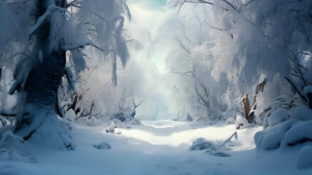 Frozen winter forest with snow covered trees 3d illustration