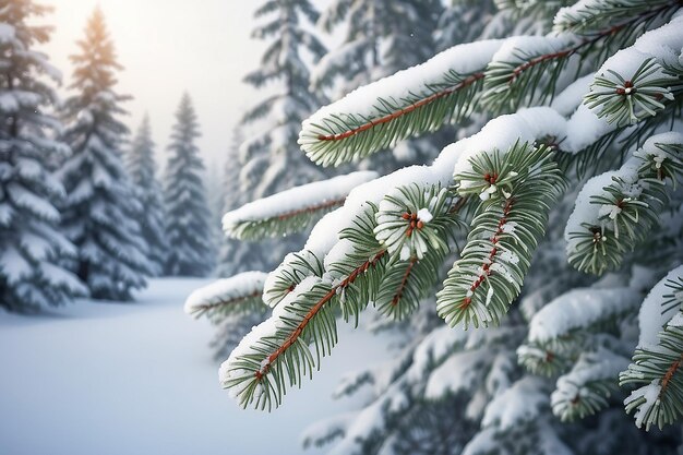 Frozen winter forest with snow covered trees Coniferous spruce branch outdoor