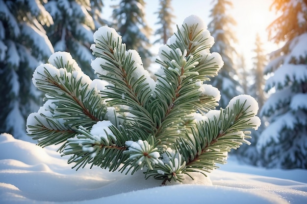 Frozen winter forest with snow covered trees Coniferous spruce branch outdoor
