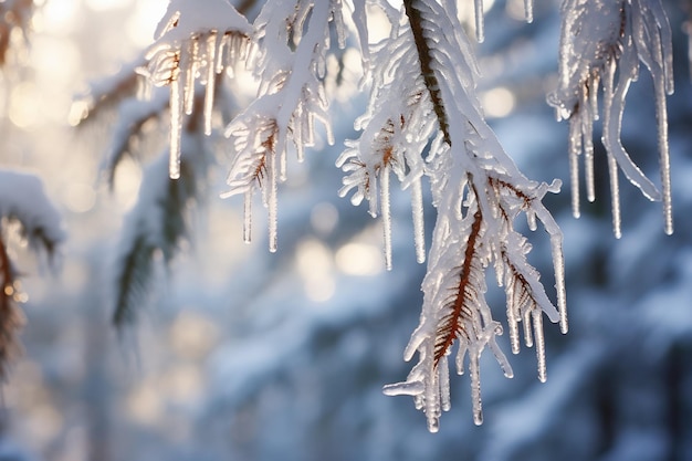 신선한 눈이 뿌려진 소나무 가지에 매달려 있는 얼어붙은 겨울 장면 고드름