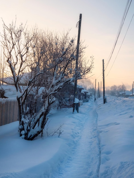 Фото Замороженная зимняя деревня, тропа через снегопады.