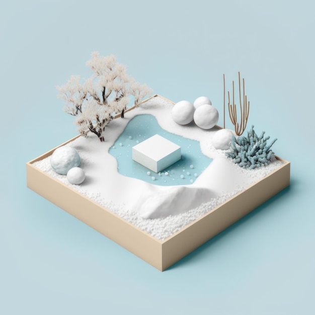 Frozen winter zen garden minimalist mockup for podium display or showcase AI generation