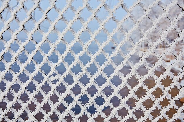 Frozen wire fence texture with blurry background