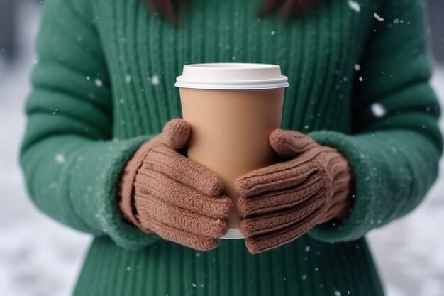 Photo frozen young woman in winter clothes with cup of hot coffee on green background closeup