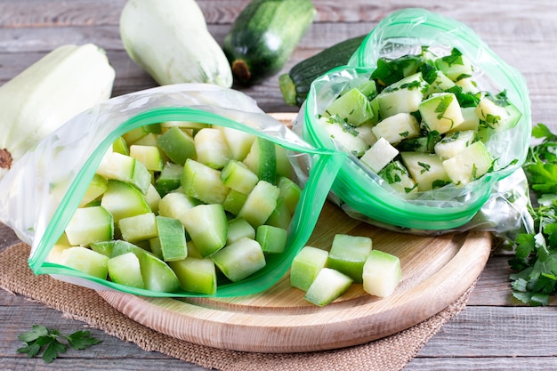 Frozen zucchini in a plastic bag on wooden table. Frozen food Concept