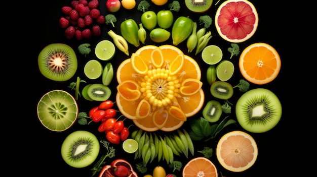 Fruit afbeeldingen in de stijl van kaleidoscoop kunst op zwarte achtergrond Elegante kunst van fruit