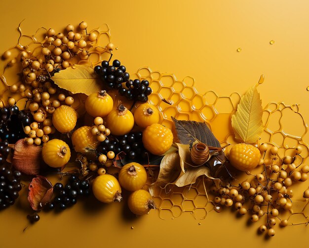Фото Фруктово-ягодный осенний баннер, иллюстрация щедрости плодов земного натюрморта сгенерировано с помощью ai