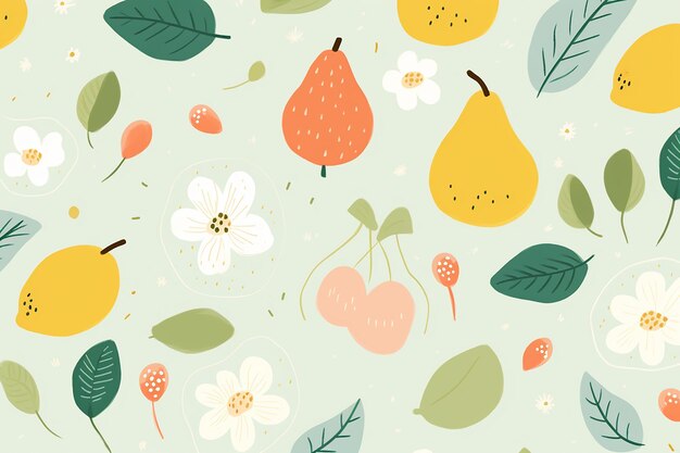 写真 フルーツと花のシームレスなパターンの壁紙