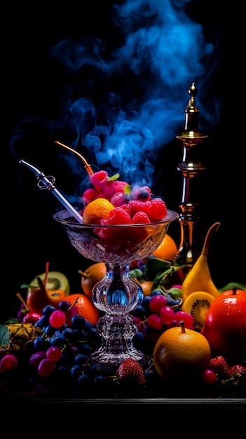 Photo fruit aroma hookah isolated on black background against a dark background with smoke