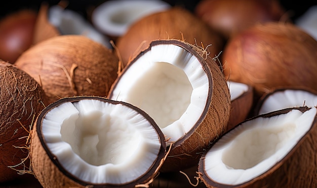 Fruit background exotic chopped fresh coconuts closeup Selective soft focus