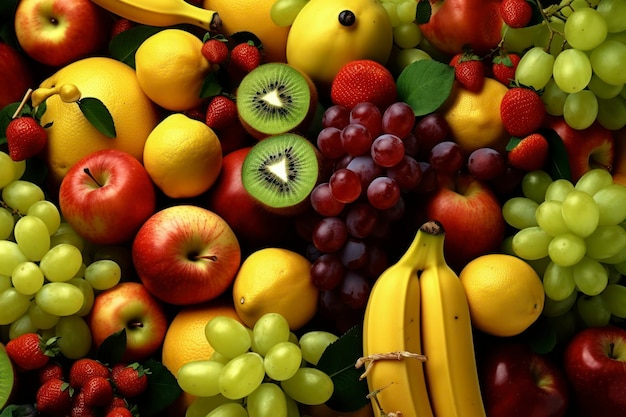 フルーツの背景、ブドウ、オレンジ、リンゴ、バナナ、キウイ、レモン、リアルな写真