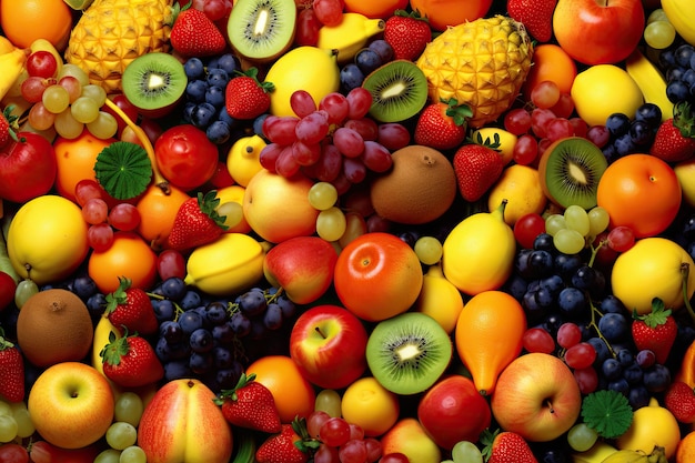 Fruit background many fresh fruits mixed together