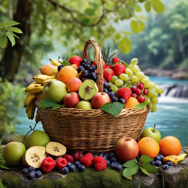 fruit in basket In a forest beside a river Ai generated image