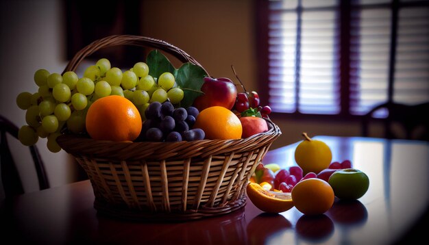 Fruit basket on the table, photorealistic art
