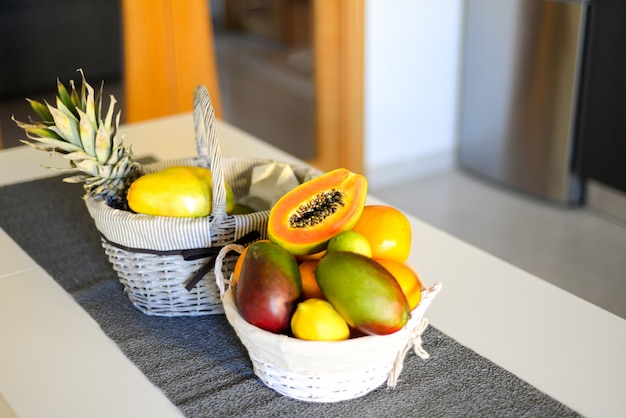 Fruit basket on the table. Vegetarian food. Proper nutrition. Healthy lifestyle