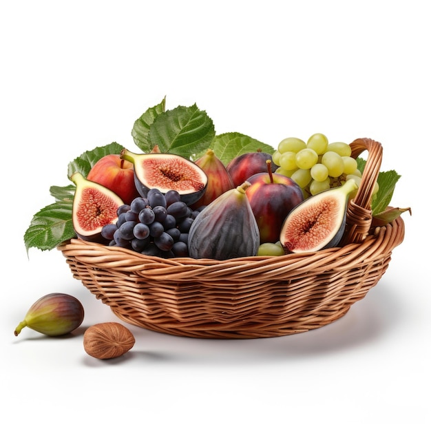 Fruit basket with figs and apricots isolated Generative AI