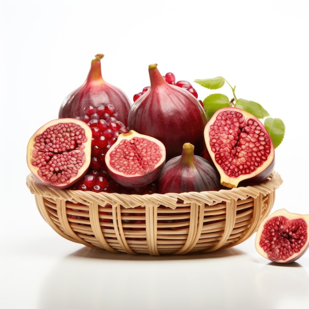 Fruit basket with figs and pomegranates in a metal basket isolated Generative AI