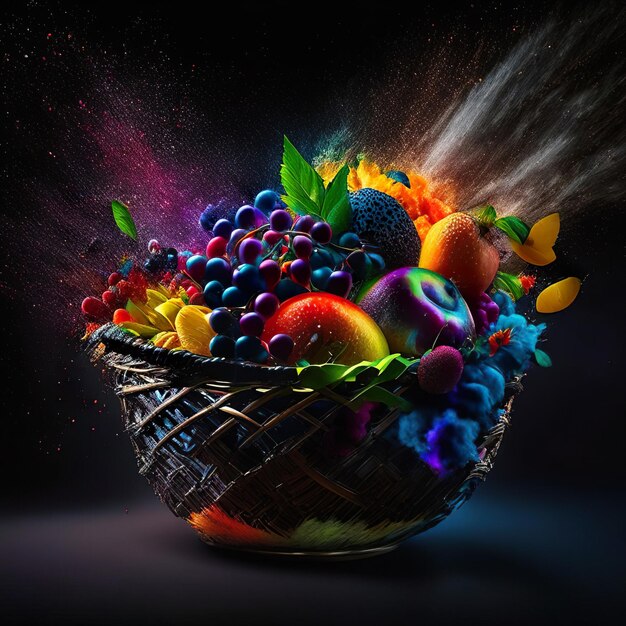 Foto cesto di frutta con illuminazione e sfondo scuro ai generativa