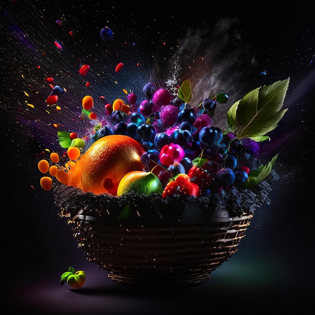 Fruit basket with lighting and dark background generative ai