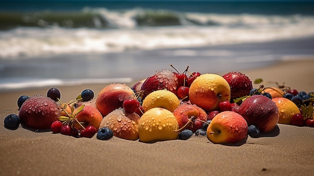 Fruit on the beach with the ocean in the background