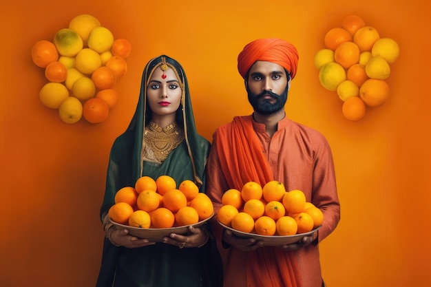 The Fruit Bearers A Portrait of a Man and a Woman Holding Baskets of Oranges