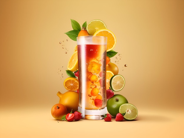 Fruit beer poster banner design template Illustration of fruit beer glass with fruits and citrus around Juicy sweet beer commercial banner for events advertising announcement Generative AI