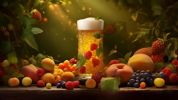 Photo fruit beer poster banner design template illustration of fruit beer glass with fruits and citrus around juicy sweet beer commercial banner for events advertising announcement generative ai