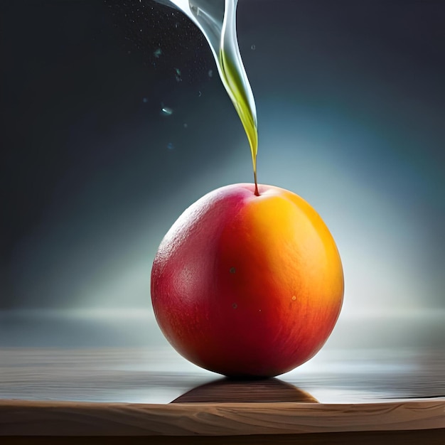 A fruit being poured into a glass of water.