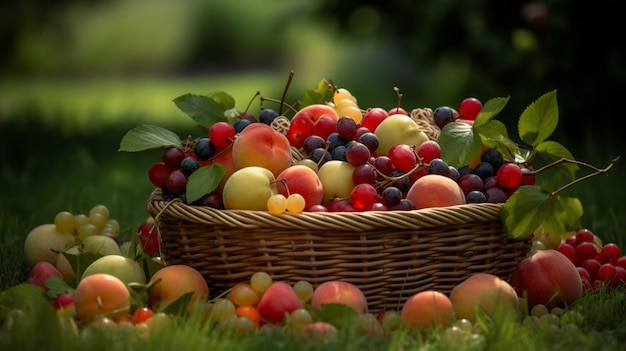 Fruit berries in a basket on a background of green grass Generative AI
