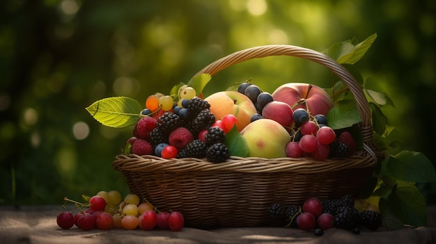 Fruit berries in a basket on a background of green grass Generative AI