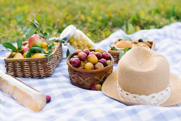 Fruit and berries in picnic baskets on a blue white checkered tablecloth on a green lawn and fresh pastries