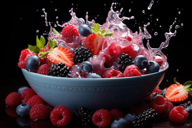 fruit and berries in a vase with splashes