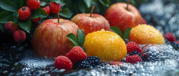 Foto assortimento di frutta e bacche da un ruscello bollente con mele e agrumi concetto fotografia di frutta ambiente naturale frutta rinfrescante corrente d'acqua mele agrumi