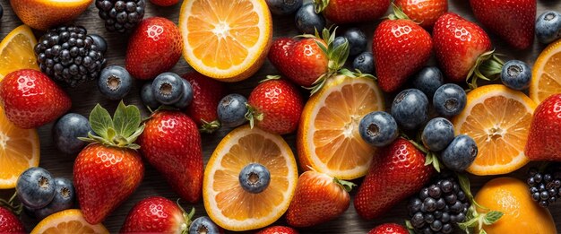 Photo fruit and berry background strawberries berries and fruits are laid out on a wooden surface