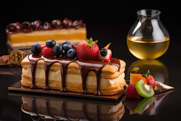 Fruit and Berry Eclair Cake Delicious Fruits Milk Dessert Glazed Eclairs Abstract Generative AI Illustration