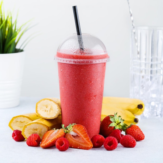 Photo fruit and berry healthy fresh smothie in plastic cups on bright background. colorful diet concept