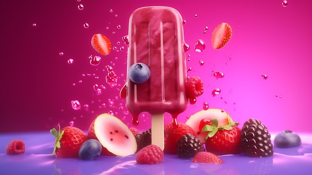 Fruit and berry ice cream on a stick closeup Ai Generative