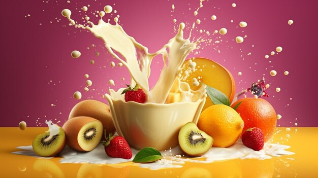 Fruit and berry juice splash on yellow generative ai