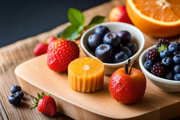 a fruit and a bowl of fruit on a wooden board