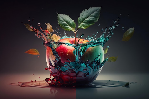 A fruit bowl with a splash of water and a red apple