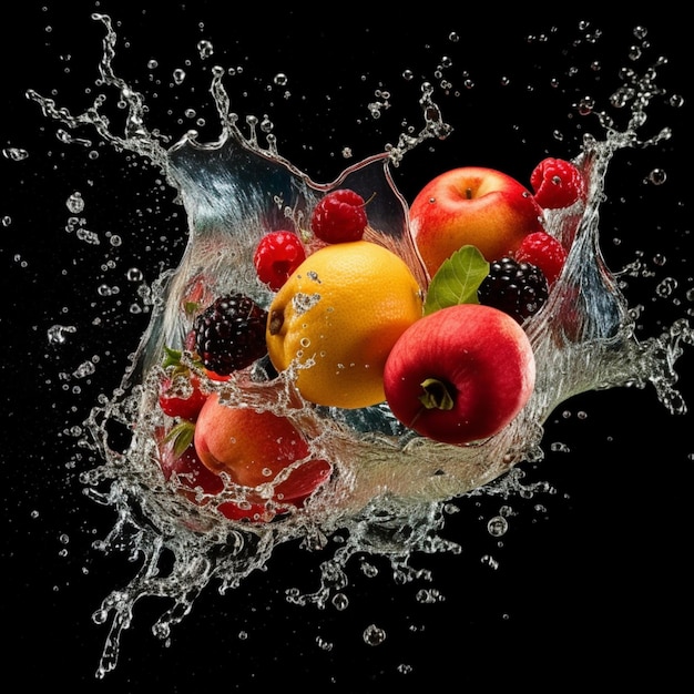 Fruit in a bowl with water splashing in the air