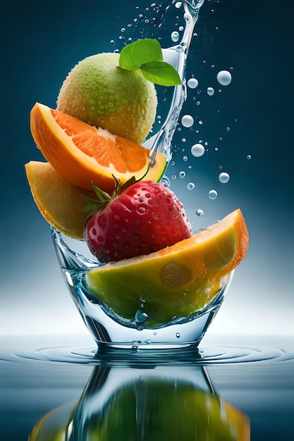 A fruit bowl with water splashing around it