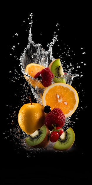 Fruit in a bowl with water splashing around it