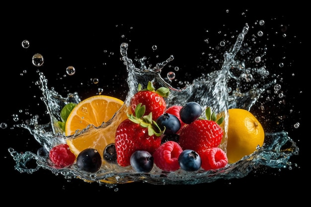 Fruit in a bowl with water splashing