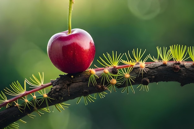 A fruit on a branch with the sun behind it