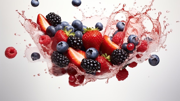 Fruit burst Splash of juice Zoete tropische vruchten en gemengde bosbessen met juice splash 3d re