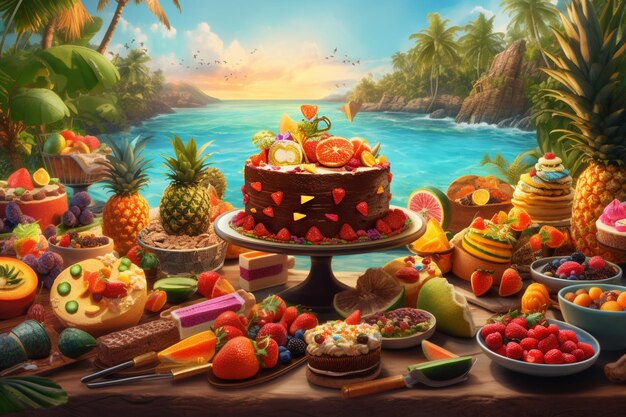 Photo fruit cake on the beach in the tropics 3d rendering