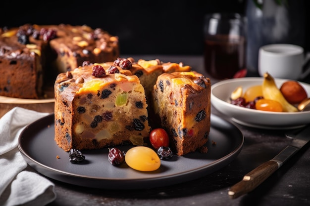 Fruit cake being cut into slices ready to be served on plate created with generative ai